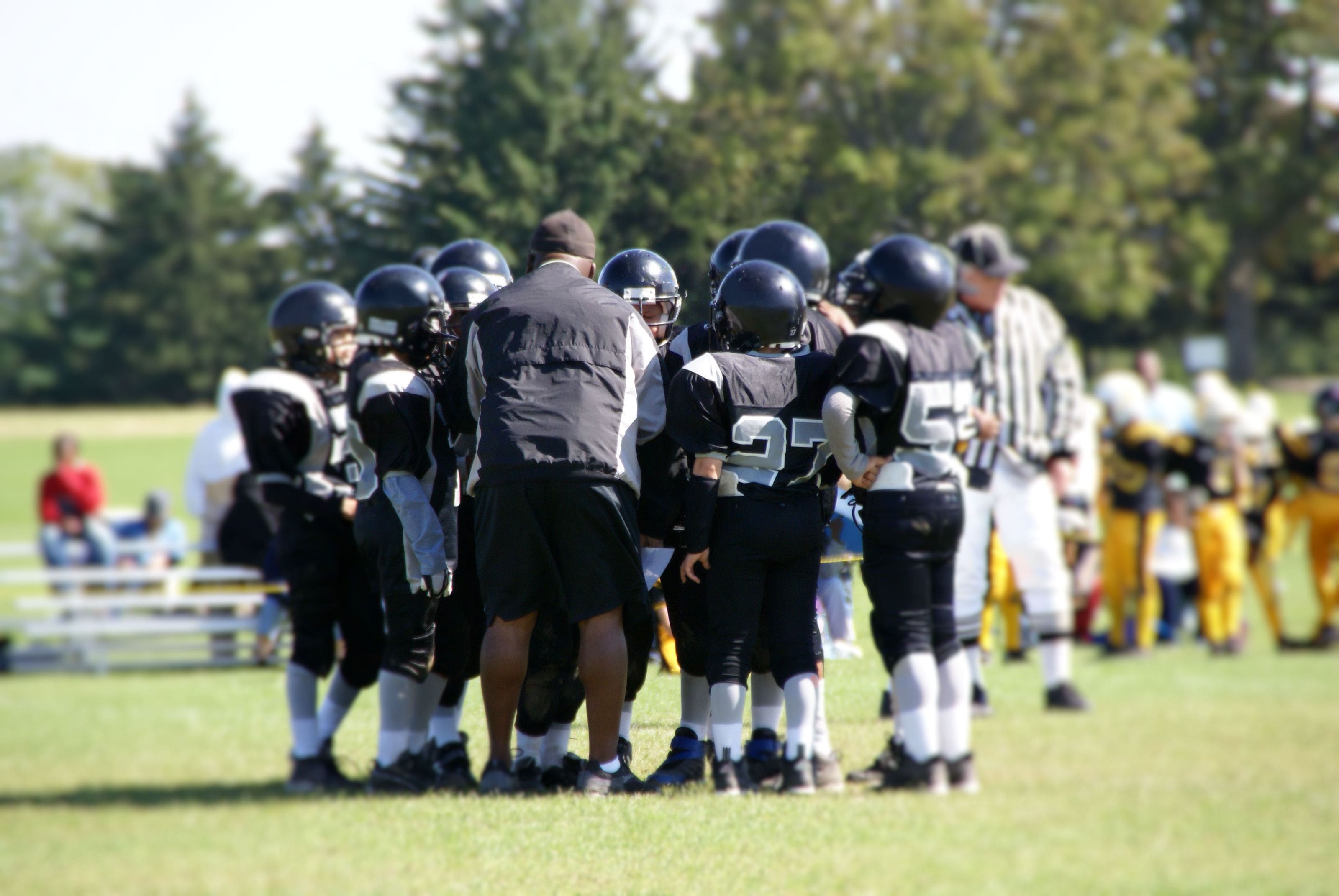 Football players in a huddle on the field with their coach.